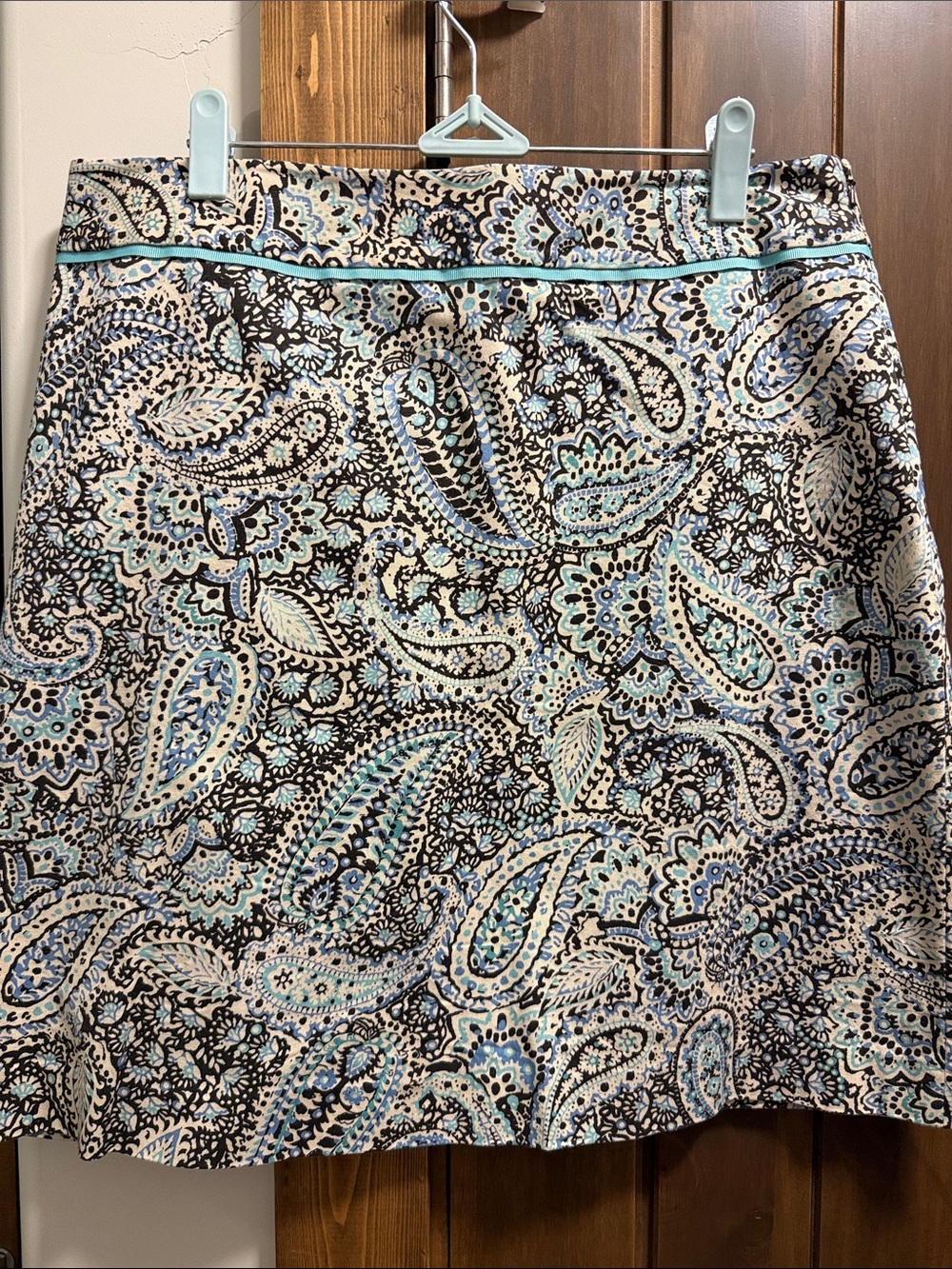 Geoffrey Beene Sport Stretch Paisley A-Line Skirt in Tan, Brown, Mint, Blue Sz12